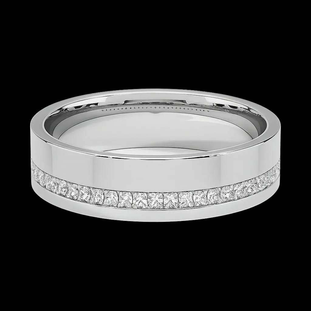Austin diamond wedding ring in 18K white gold with micro-pavé diamonds.