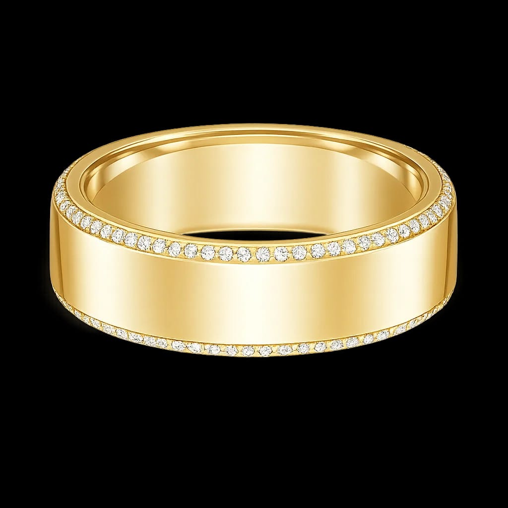 Avalon eternity diamond wedding ring in 14K yellow gold with micro-pavé diamonds.