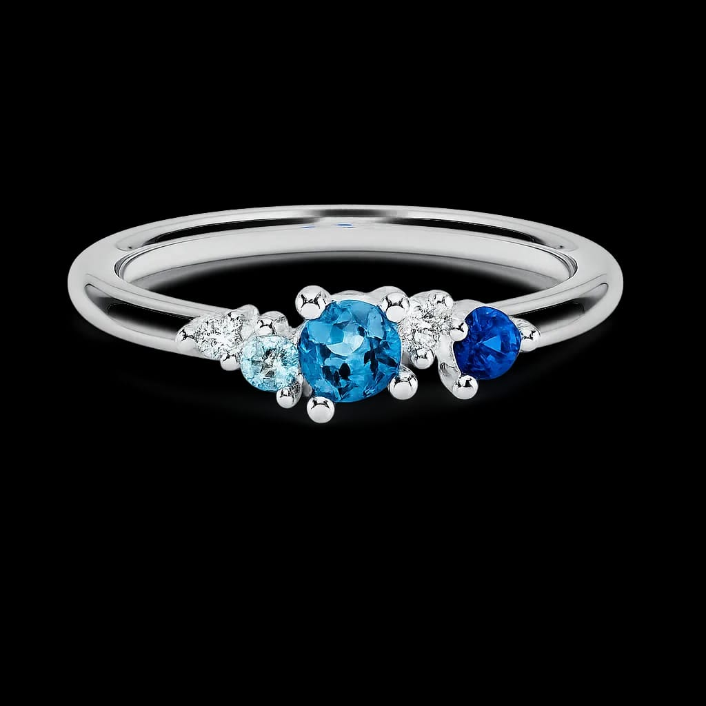Marina diamond ring with sapphire, topaz, and aquamarine cluster in 14K white gold.